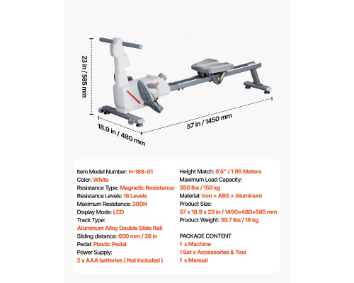 Веслувальний тренажер магнітний VEVOR сіро-білий