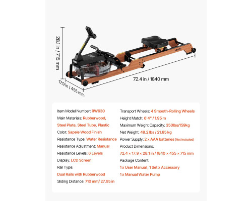 Веслувальний тренажер водний VEVOR, коричневий