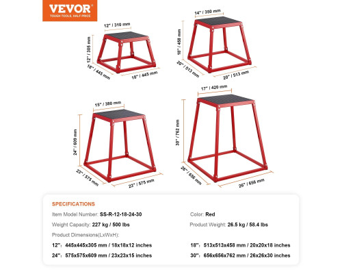 Пліометричний бокс VEVOR 30,5 - 45,8 - 60,9 -  76,2 см, червоний