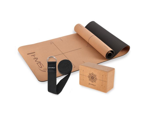 Килимок для йоги HMS YM10 з блоком KJ02 та ременем SJ02, коричневий