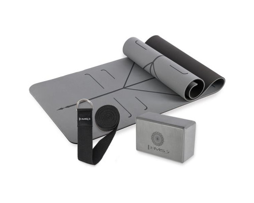 Килимок для йоги HMS YM10 з блоком KJ02 та ременем SJ02, сірий