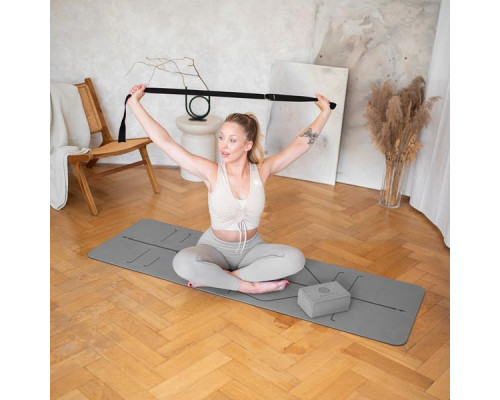 Килимок для йоги HMS YM10 з блоком KJ02 та ременем SJ02, сірий