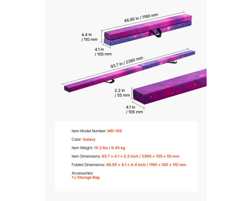 Дитяча гімнастична балка VEVOR MD-105 2,38 м, фіолетова