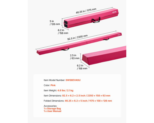 Дитяча гімнастична балка VEVOR SWS8EVASU 233 см, рожева