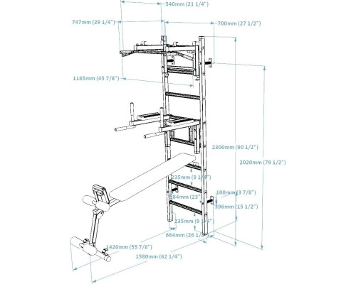 Шведська стінка BenchK 233В 230 х 116,5 см з турніком, брусами та лавою, чорна