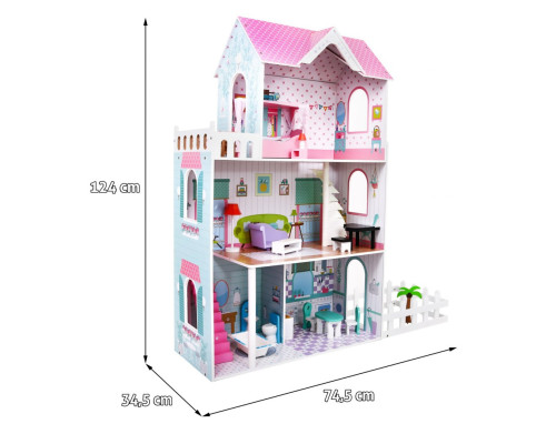 Ляльковий будиночок дерев'яний рожевий для дітей 3+ аксесуари меблі + 3 поверхи