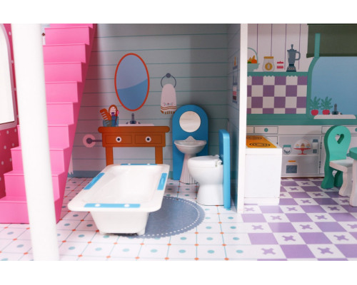 Ляльковий будиночок дерев'яний рожевий для дітей 3+ аксесуари меблі + 3 поверхи