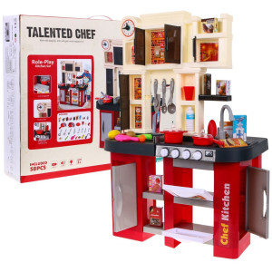 Дитяча бордова кухня 3+ Конфорки зі звуком і світлом + Водопровідний кран + Аксесуари 58 шт.