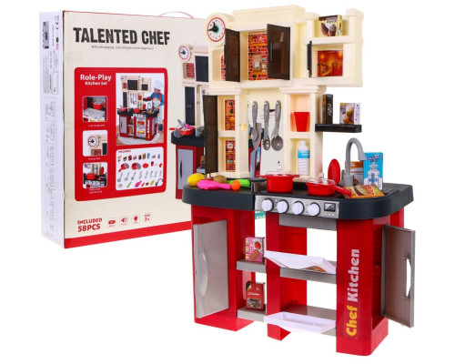 Дитяча бордова кухня 3+ Конфорки зі звуком і світлом + Водопровідний кран + Аксесуари 58 шт.