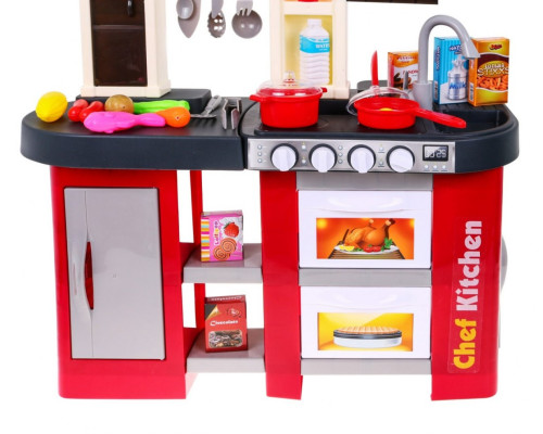 Дитяча бордова кухня 3+ Конфорки зі звуком і світлом + Водопровідний кран + Аксесуари 58 шт.