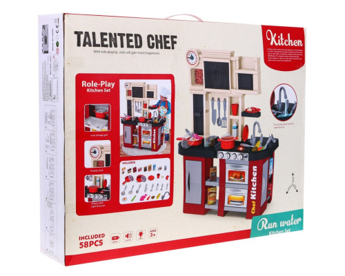 Дитяча бордова кухня 3+ Конфорки зі звуком і світлом + Водопровідний кран + Аксесуари 58 шт.