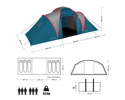Намет шестимісний NILS CAMP NC6031 Highland, 570 х 210 х 200 см, синьо-сірий