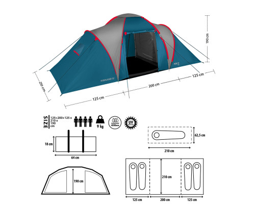 Намет чотиримісний NILS CAMP NC6431 Highland IV, 450 х 210 х 190 см, синьо-сірий