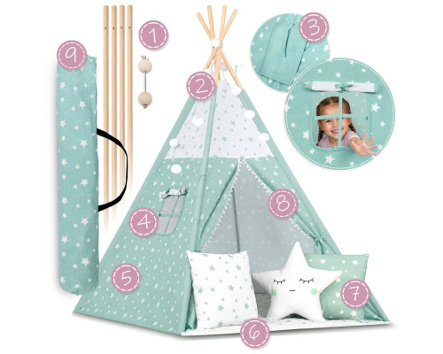 Вігвам дитячий з ліхтариками Nukido мʼятний з зірочками