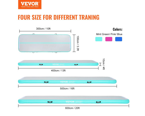 Мат гімнастичний надувний VEVOR 300 x 101 x 10 см, біло-м'ятний