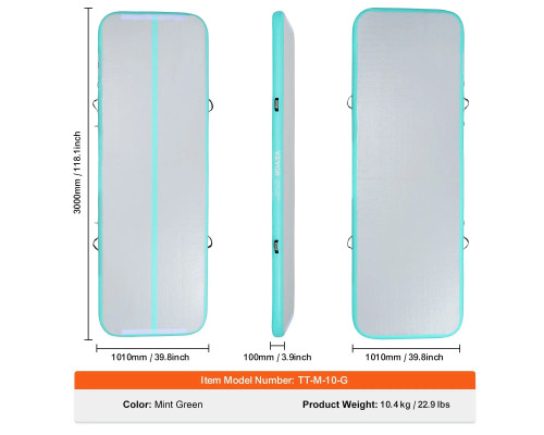 Мат гімнастичний надувний VEVOR 300 x 101 x 10 см, біло-м'ятний