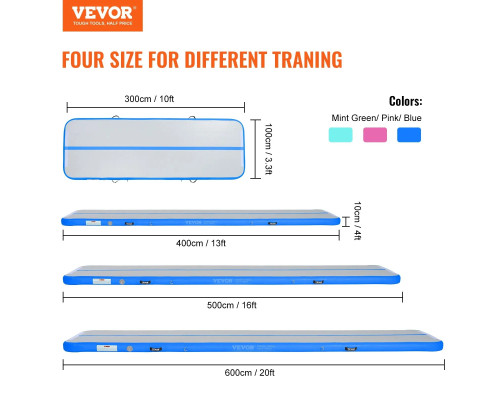 Мат гімнастичний надувний VEVOR  398 x 101 x 10 см, біло-синій