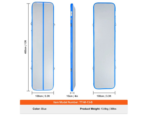 Мат гімнастичний надувний VEVOR  398 x 101 x 10 см, біло-синій