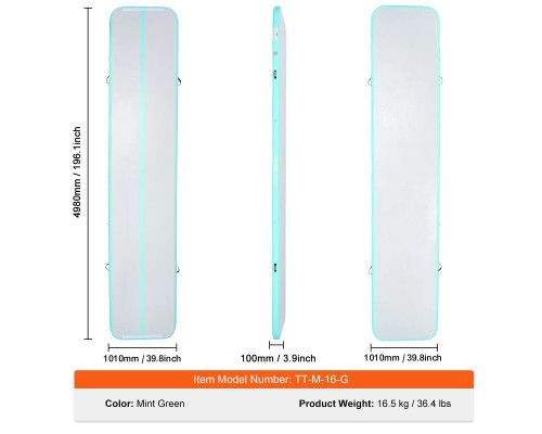 Мат гімнастичний надувний VEVOR 498 x 101 x 10 см, біло-м'ятний