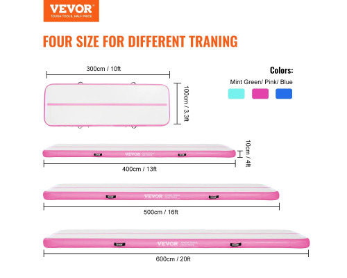 Мат гімнастичний надувний VEVOR 598 x 101 x 10 см, біло-рожевий