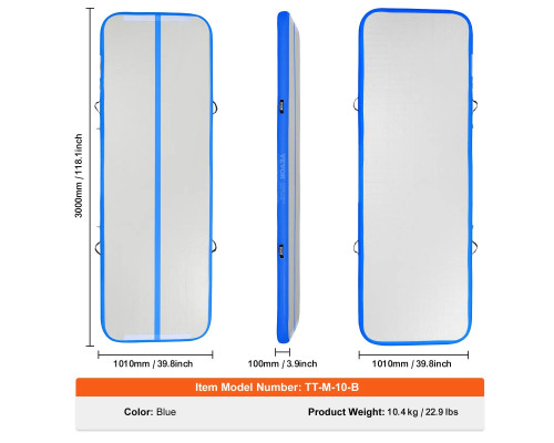 Мат гімнастичний надувний VEVOR 300 x 101 x 10 см, біло-синій