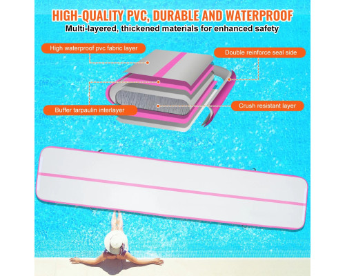 Мат гімнастичний надувний VEVOR 498 x 101 x 10 см, біло-рожевий