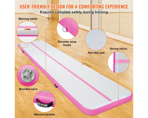 Мат гімнастичний надувний VEVOR 498 x 101 x 10 см, біло-рожевий