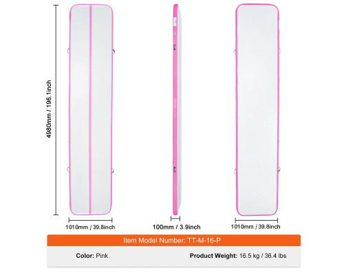 Мат гімнастичний надувний VEVOR 498 x 101 x 10 см, біло-рожевий