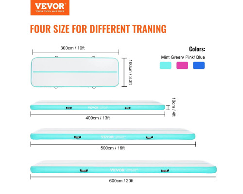 МАт гімнастичний надувний VEVOR 598 x 101 x 10 см, біло-м'ятний