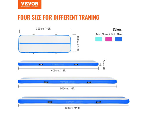 Мат гімнастичний надувний VEVOR 598 x 101 x 10 см, сіро-синій