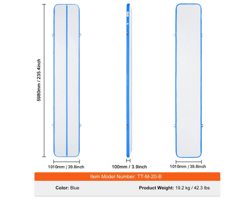 Мат гімнастичний надувний VEVOR 598 x 101 x 10 см, сіро-синій